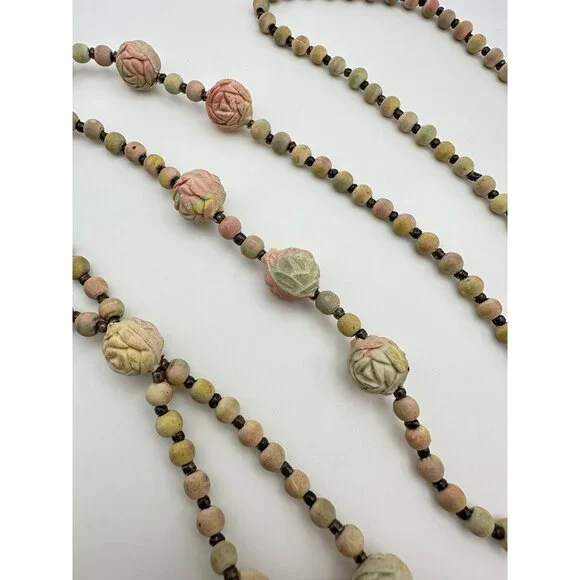 Antique Art Deco real pressed rose petals pink beaded sautoir tassel necklace